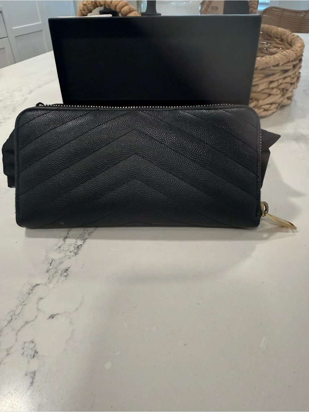 Saint Laurent Black Chevron Quilted Wallet with Gold YSL Logo - Picture 2 of 5